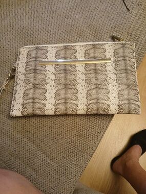 Neutral Snake-Print Wristlet Clutch with Gold Accent